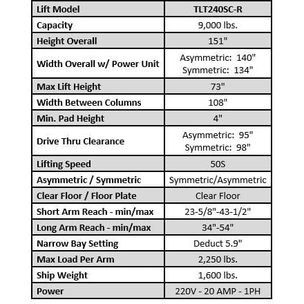 Launch Tech USA TLT240SC 9,000 lb Two Post Car Lift Clear Floor - Asymmetric